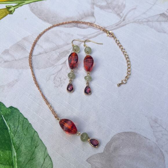 Amber Garnet Wine Red Crystal Glass Cantaloupe Fruit Green Casual Jewelry Set - Picture 6 of 6